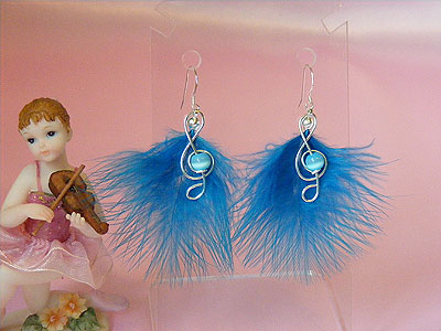 Funky blue feathers music themed earrings