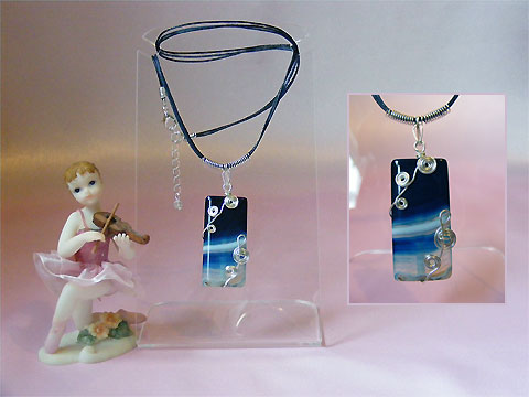 Blue rectangular Agate handmade music themed necklace