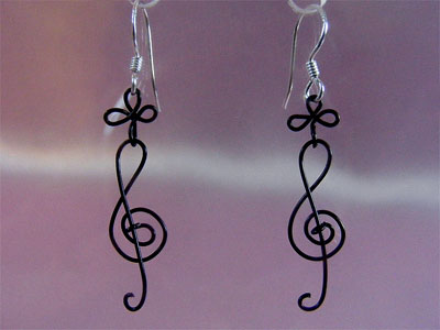 Music themed Black treble clef clover earrings