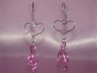 Pink treble clef music note heart earrings