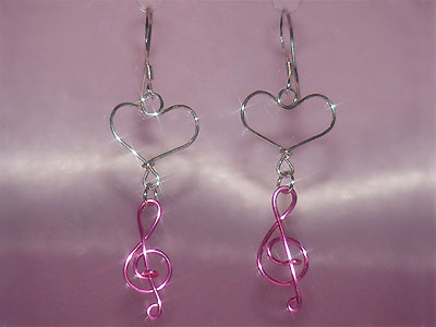 Pink treble clef music note heart earrings