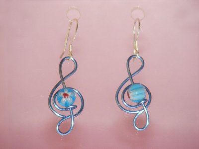 Treble clef blue lampwork glass earrings