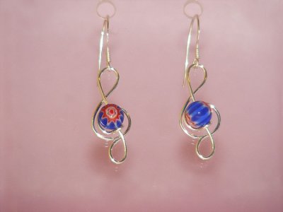 Treble clef blue lampwork glass earrings