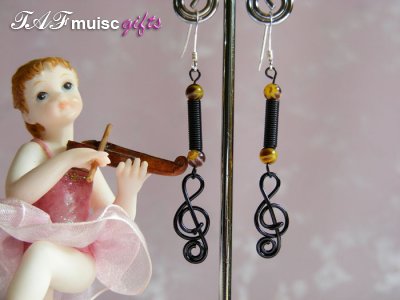 Black treble clef music note earrings