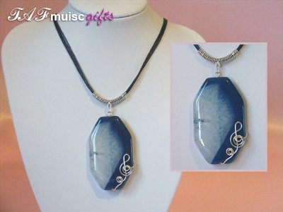 Blue octagonal Agate handmade music themed necklace
