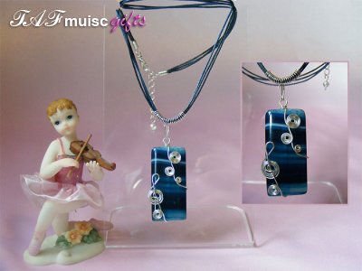 Blue rectangular Agate handmade music themed necklace