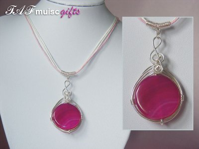 Pink round Agate handmade music themed necklace