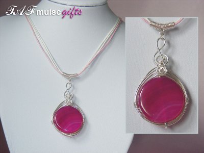 Pink round Agate handmade music themed necklace