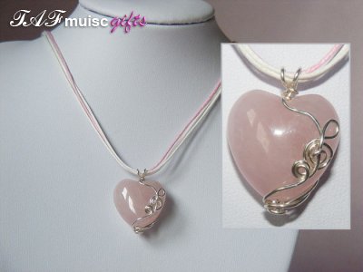 Rose pink heart quartz handmade music themed necklace