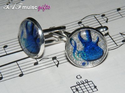 Sparkling blue bass guitar treble clef cufflinks